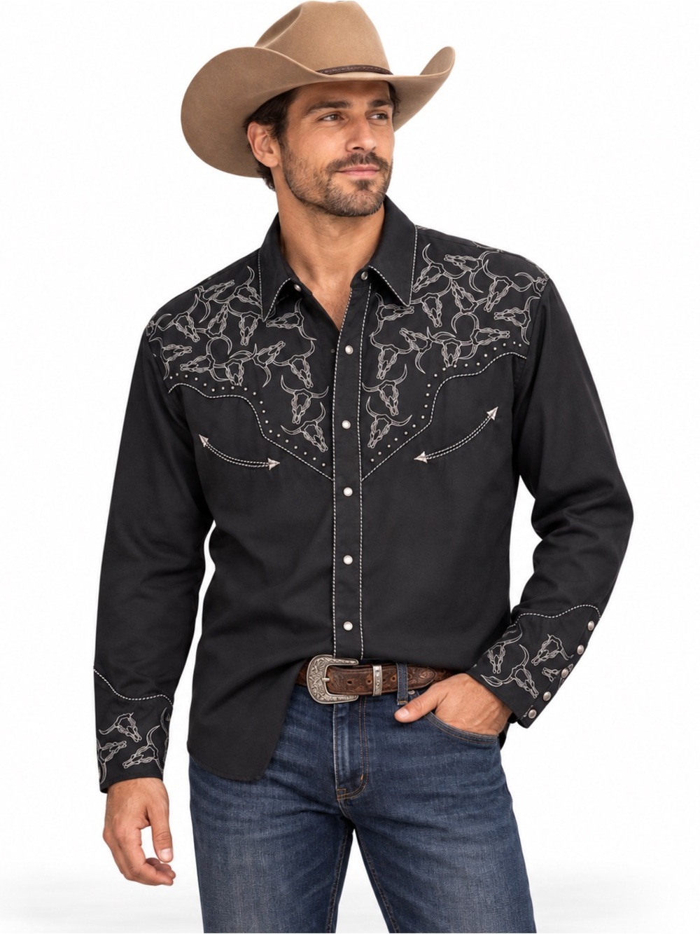 SCULLY Men’s L Black Longhorn Skull Embroidered Western Pearl Snap Shirt